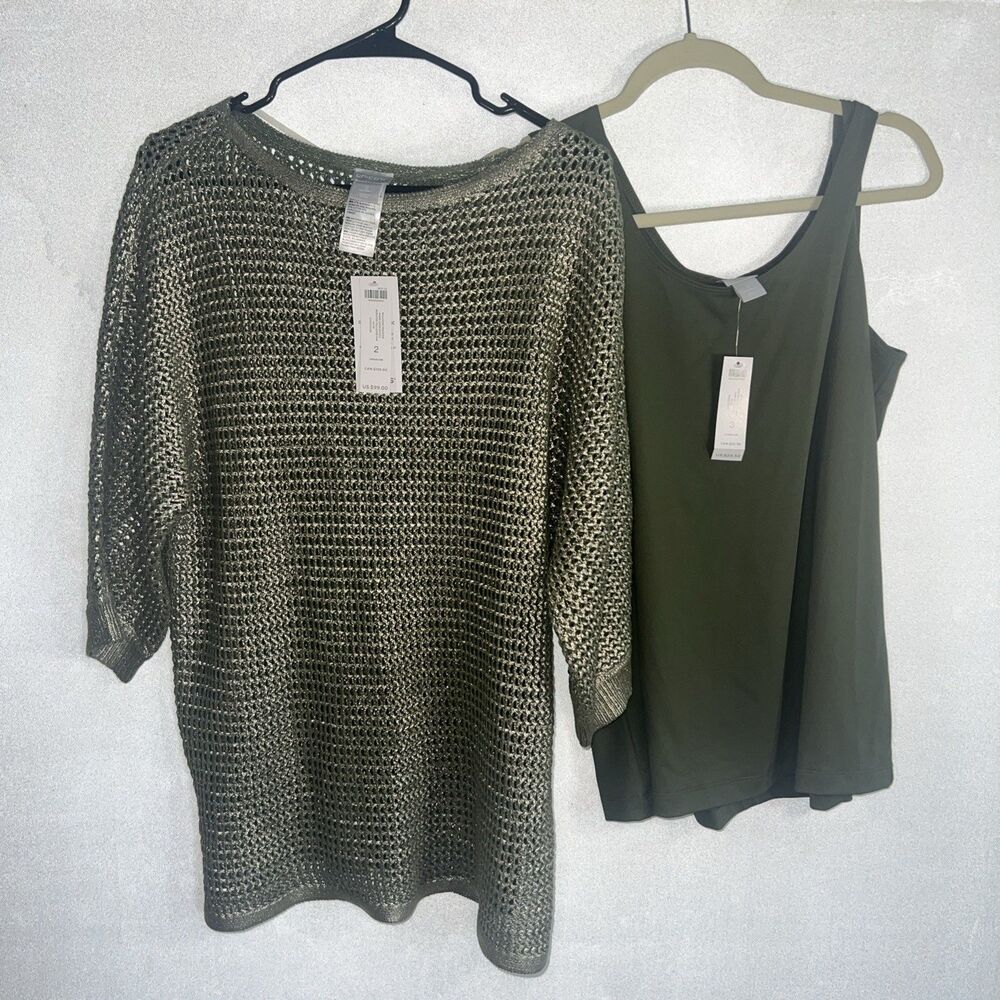 Chico's Shine Womens Knit Mesh Sweater Sz L Olive Green Metallic & Tank Top New